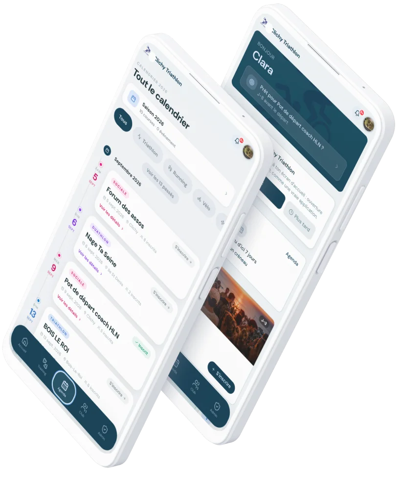 L’app d’un club de triathlon sur deux téléphones : le calendrier des séances et l’accueil du membre.
