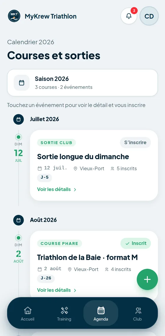 Écran agenda de l’app d’un club : les courses et sorties de la saison, avec inscription.